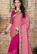 Red Shaded Fuchsia and Beige Color Faux Satin Chiffon and Net Saree