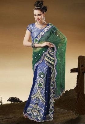 Sparkling Navy Blue And Green Brocade And Net Lehenga Saree