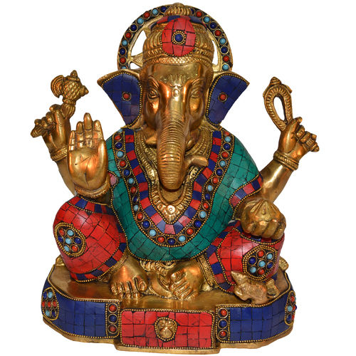 Coral Stone Work Sitting Lord Ganesha Statue