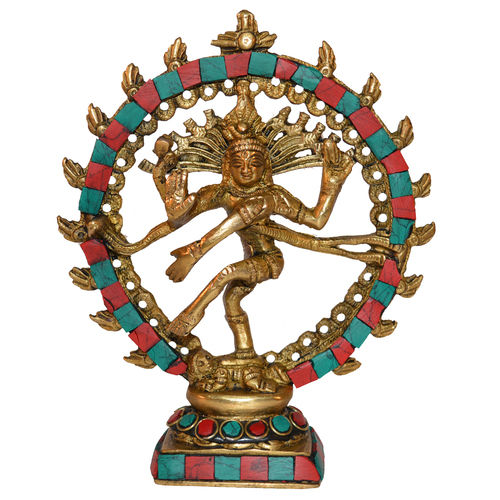 Natraj (Lord Shiva) Idol With Turquoise Coral Stone Work - Color: Multicolour