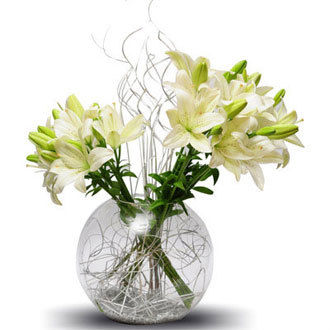 White Asiatic Lilies with Dries and Fish Bowl