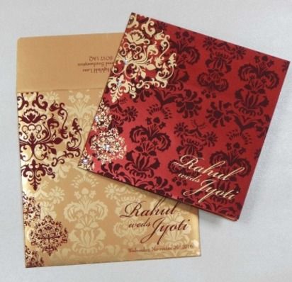 Christian Wedding Cards - Gold Shimmery Envelope, Maroon Main Card with Rhinestone and Kundan Decorations, Customizable Inserts and Design Options