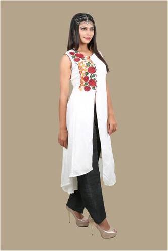 Organic White Embroidered Kalidaar Ladies Kurtas