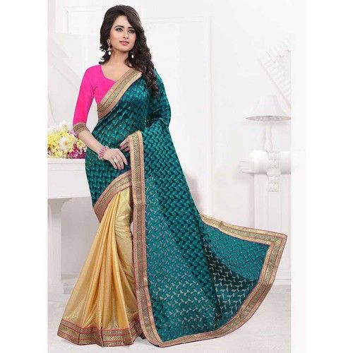 Blue and Beige Color Saree with a Golden Lace Border