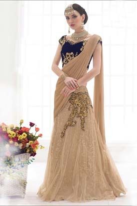 Beige And Blue Net Wedding Wear Lehenga Saree