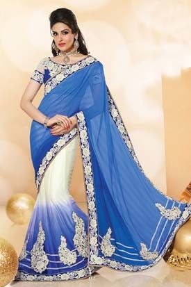 Blue and Off White Faux Chiffon Wedding Wear Saree