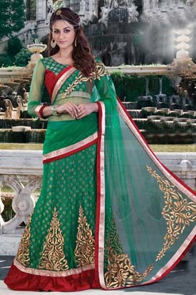 ग्रीन और मैरून नेट वेडिंग वियर लहंगा साड़ी