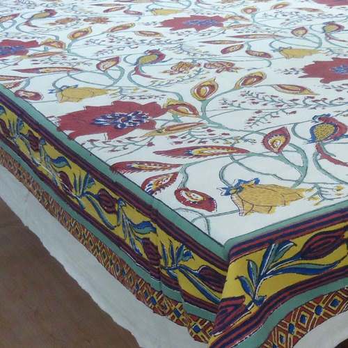 Leather Flower Bird Vanilla Hand Block Printed Tablecloths