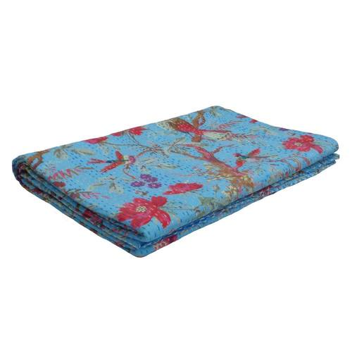 Bird Aqua Kantha Quilted Bedspread Embroidered