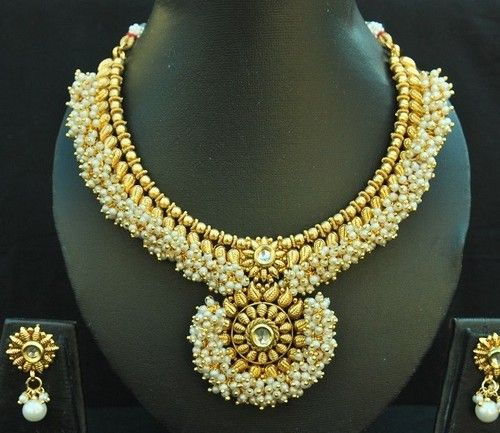 Designer Beautiful Kundan Pearl Copper Necklace Set