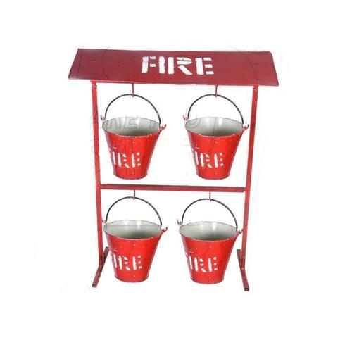 Fire Bucket Stand - MS Square Tube & Galvanized Sheet | Red, 3.5 FT Height, 3FT Wide, Foldable Design, Roof Protection, Includes Four Hooks for Bucket Hanging