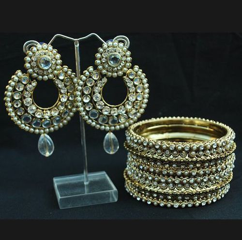 Stone And Pearl Studded Bangles With Earrings