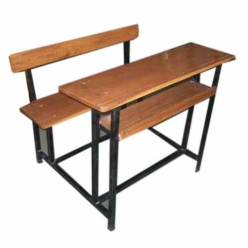 Plastic & Metal Dual Student Desk In Teak Wood Planks