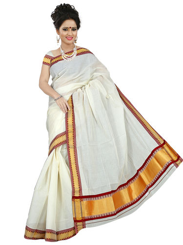 White Kerala Cotton 8" Mokkupet Saree With Running Blouse