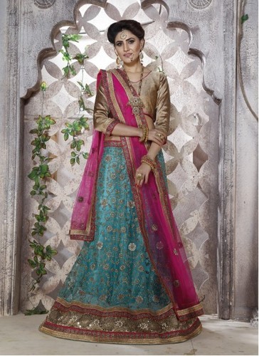 Exceeding Blue and Hot Pink Net A Line Lehenga Choli