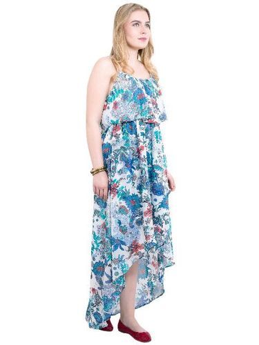 Poly Georgette Blue Colored Floral Printed Beach Frill Strap Dress