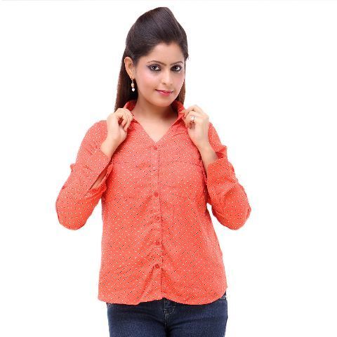 Silk Georgette Orange Full Sleeve Printed Pattern Womens Shirt