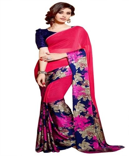 Pink And Blue Printed Saree