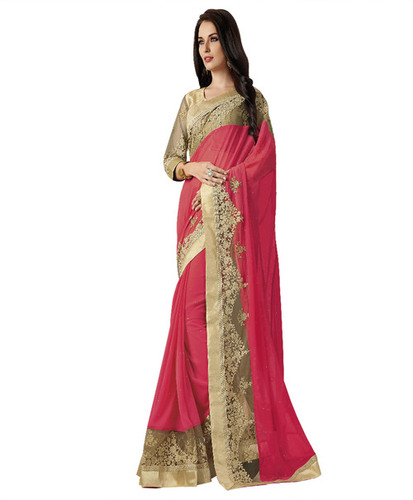 पिंक एंड गोल्ड डिज़ाइनर लुक जॉर्जेट साड़ी
