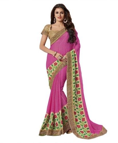 रानी पिंक एंड गोल्ड डिज़ाइनर जॉर्जेट साड़ी