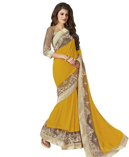 येलो एंड गोल्ड डिज़ाइनर जॉर्जेट साड़ी