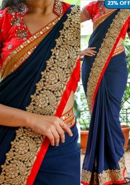 New Latest Designer Dark Blue Georgette Thread Work Saree