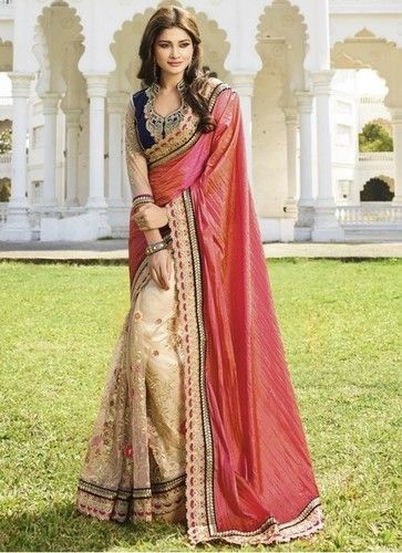 Pink and Orange Colored Paper Silk Crush Saree