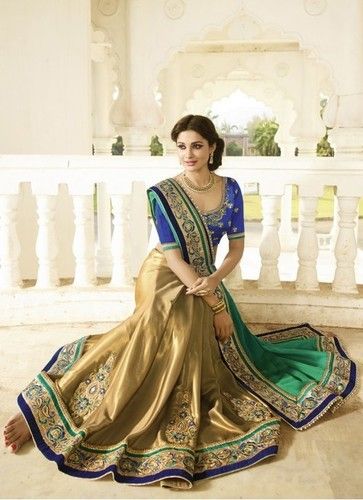 Sea Green Colored Satin Saree