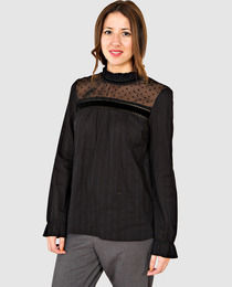 Women's Full Sleeve Blouse in Black with Plumetti