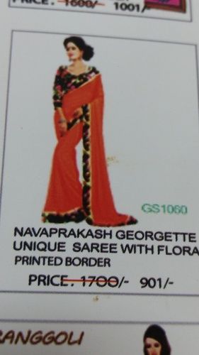 Unique Georgette Saree With Flora Printed Border Application: For Towel  Store Purpose