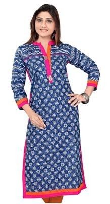 Blue Cotton Print Kurti Length: 42 Inch (In)