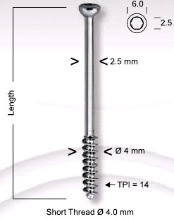 Cancellous Large Bone Screw Short Thread 4.0 mm