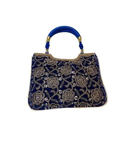 Raw Silk Handbag With Rose Pattern Blue Inside Diameter: 120 Millimeter (Mm)