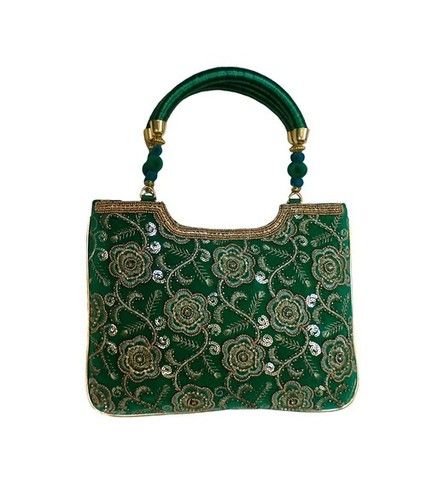 Raw Silk Handbag with Rose Pattern Green Ladies Hand Bag