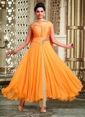 Ideal Orange Embroidered Work Readymade Anarkali Salwar Suit