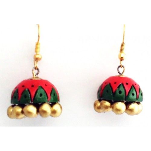 Green Red Golden Stylish Terracotta Earring Jhumka