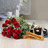 A Bunch Of Red Roses With Half Kg Chocolate Cake & Bars Of Toblerone Chocolate