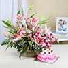 Half Kg Strawberry Cake Eggless with Pink Lilies & Orchids Basket