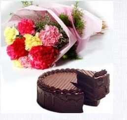 Carnations With Chocolate Cake