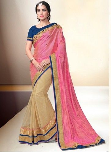 Cream Pink Lace Work Paper Silk Net Saree