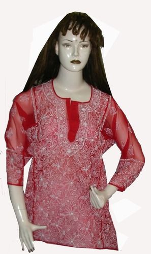 White And Red Chikan Embroidered Ladies Kurtis