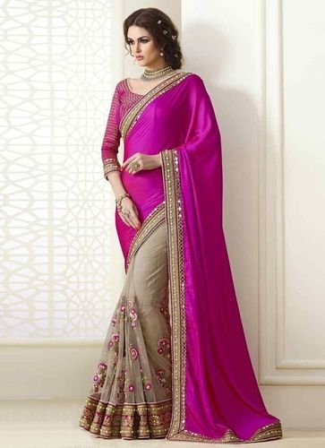 Magenta and Beige Mirror Perl Worked Chiffon Designer Saree