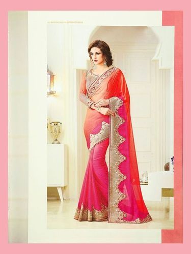 Dark Pink And Orange Embroidered Chiffon Designer Party Wear Saree With Embroidered Blouse