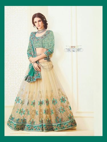 Turquoise Firozi And Beige Pearl Woked Paper Silk And Net Designer Half Saree With Embroidered Blouse