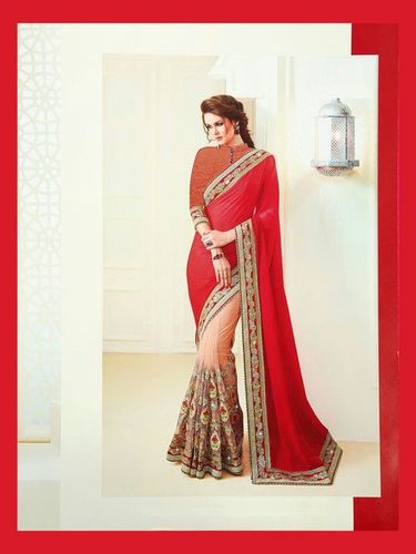 Red Embroidered Designer Chiffon And Net Wedding Saree With Blouse