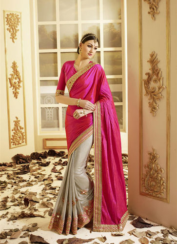 Silver Grey & Pink Woven Linen Silk Saree – Zari Banaras