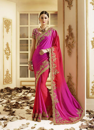 Reddish Pink Embroidery Work Naznin Ruritanian Designer Bridal Saree