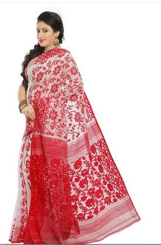Dhakai Jamdani Saree in Red and White Color
