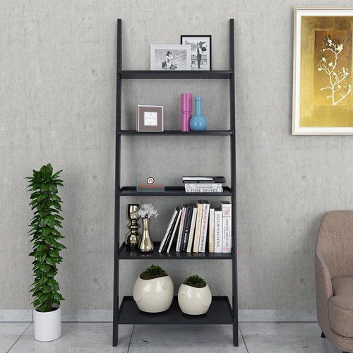 Jasper Leaning Wall Bookcase Ladder Shelf - Black