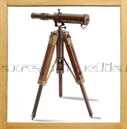 Antique Vintage Style Brass Telescope W Wooden Tripod